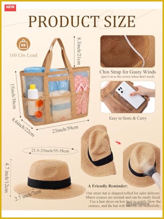 Foldable UPF 80+ Straw Sun Hat & Mesh Beach Tote Bundle Set for Women main image 5
